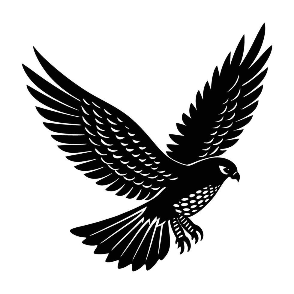 Majestic falcon flying with wings angled downward in isolated silhouette against clear sky vector
