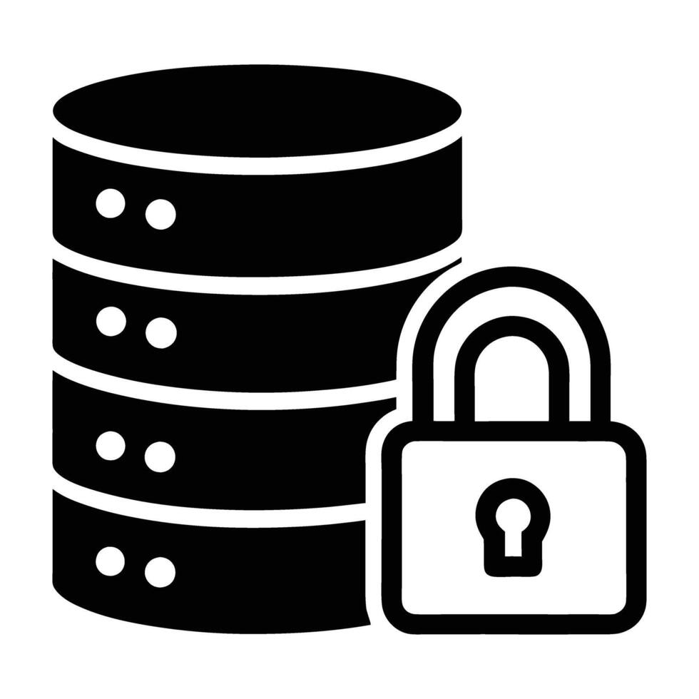 Robust encrypted database server featuring a secure lock in isolated silhouette technology vector