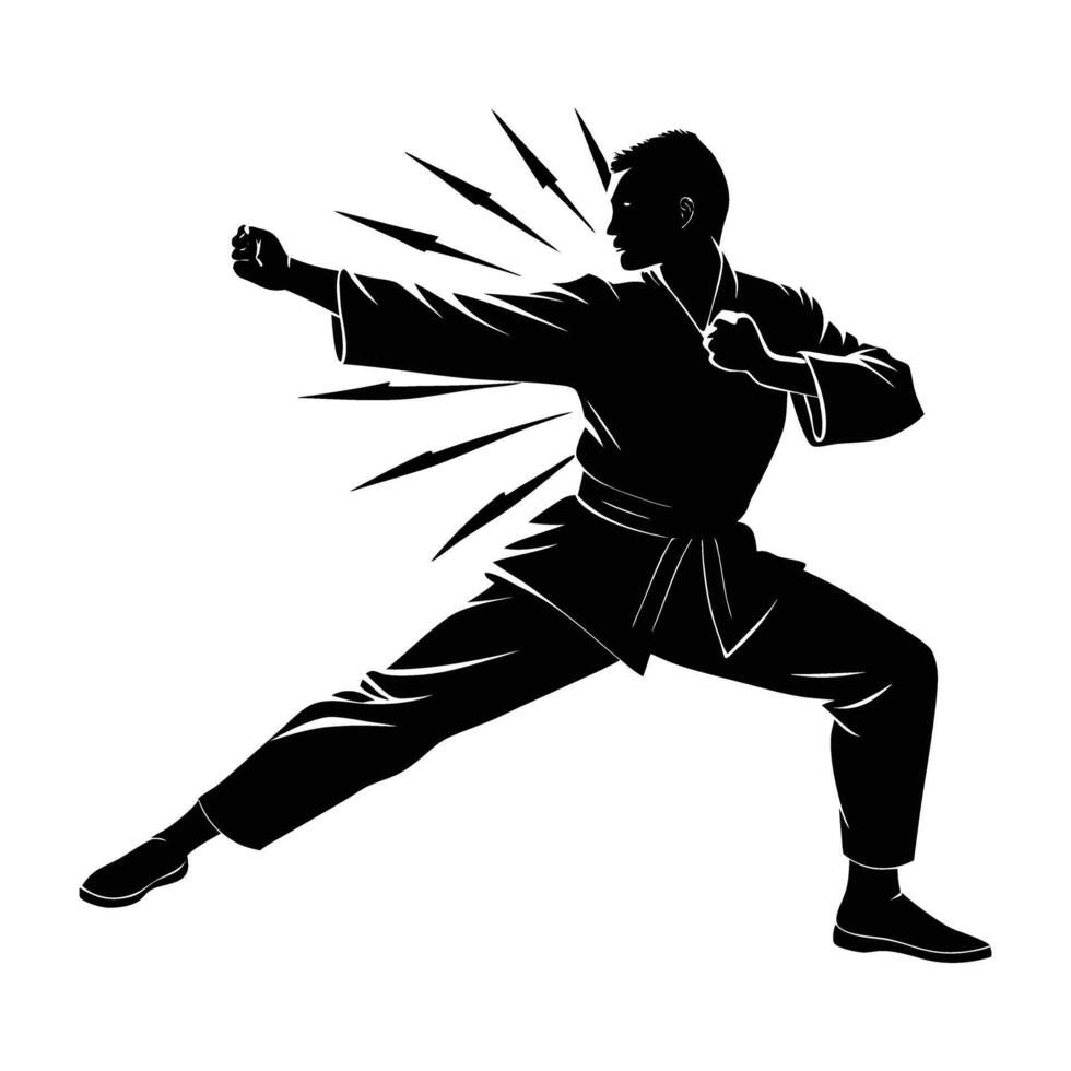 Minimalist martial artist performing an advanced strike with remarkable speed in focused session vector