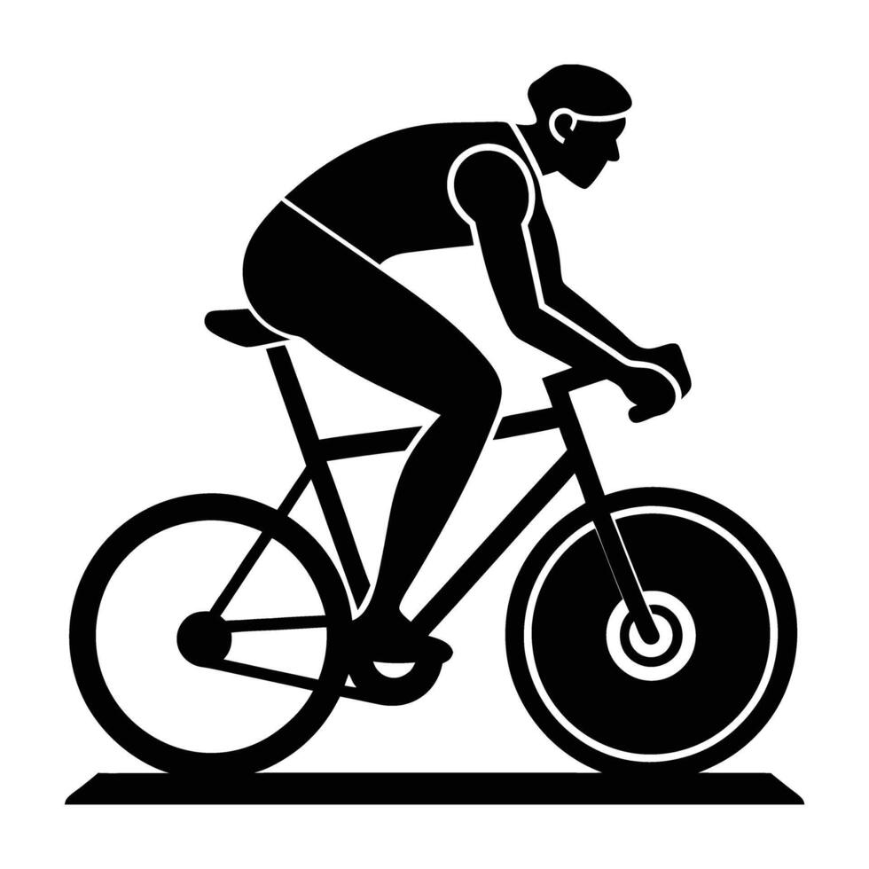 Motivated cyclist warming up on a stationary bike in dynamic gym silhouette vector