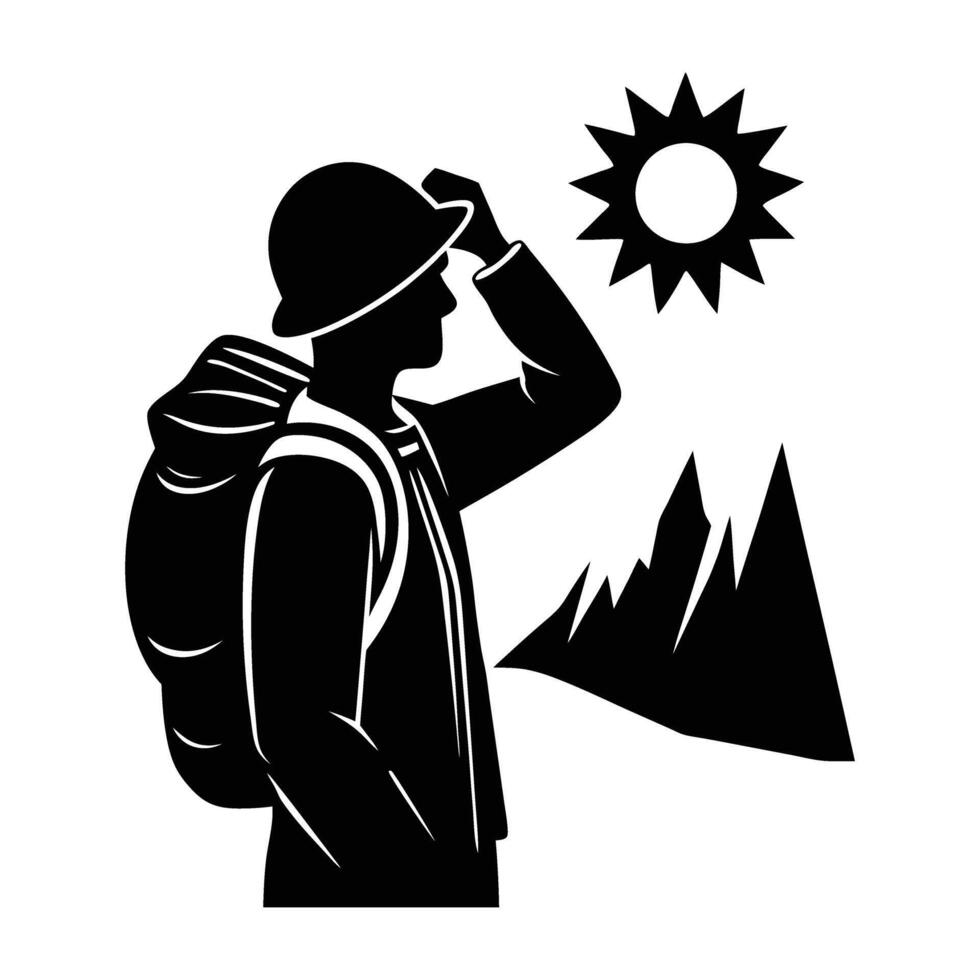 A cautious hiker protecting their eyes from the glaring sun silhouette vector