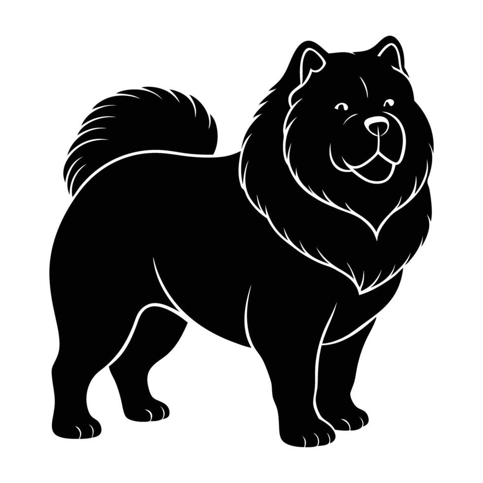 Robust chow chow with a voluminous mane and curled tail presented in sleek silhouette vector