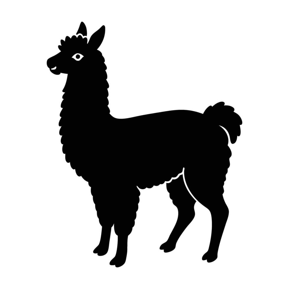 Charming silhouette of a bouncing alpaca with a fluffy coat strolling on white background vector