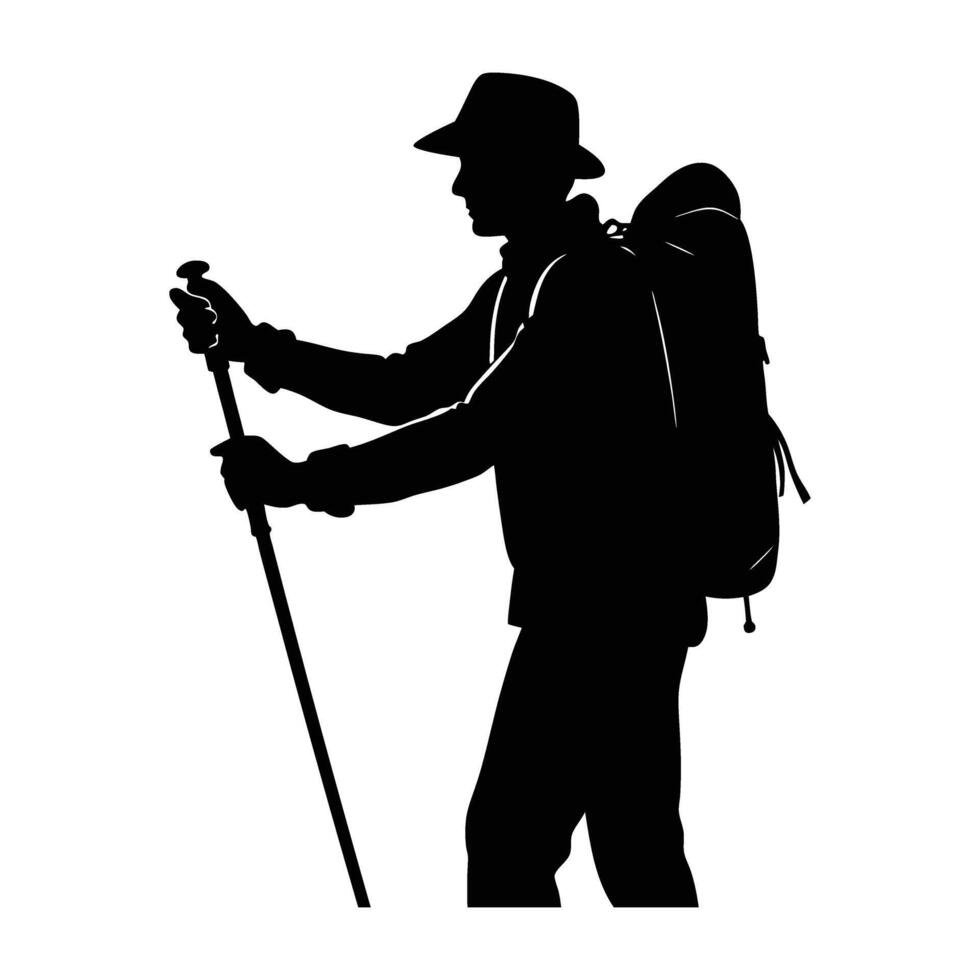 A focused hiker adjusting a trekking pole during an outdoor journey silhouette vector