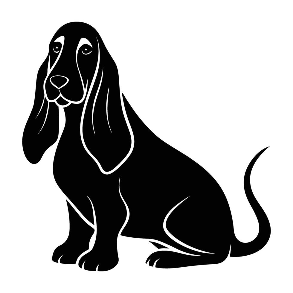 Gentle silhouette depicting a basset hound sitting gracefully with drooping long ears on white background vector