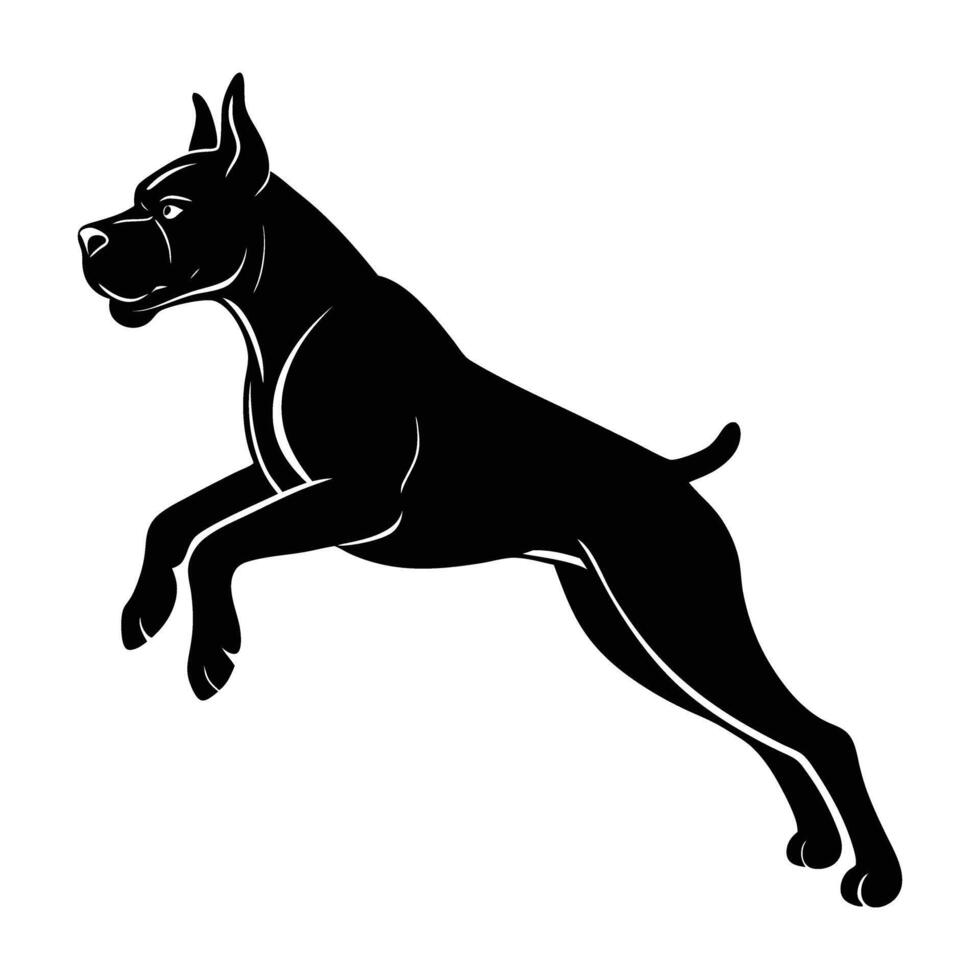 Energetic boxer dog leaping mid-air with strong legs in isolated line art silhouette design vector