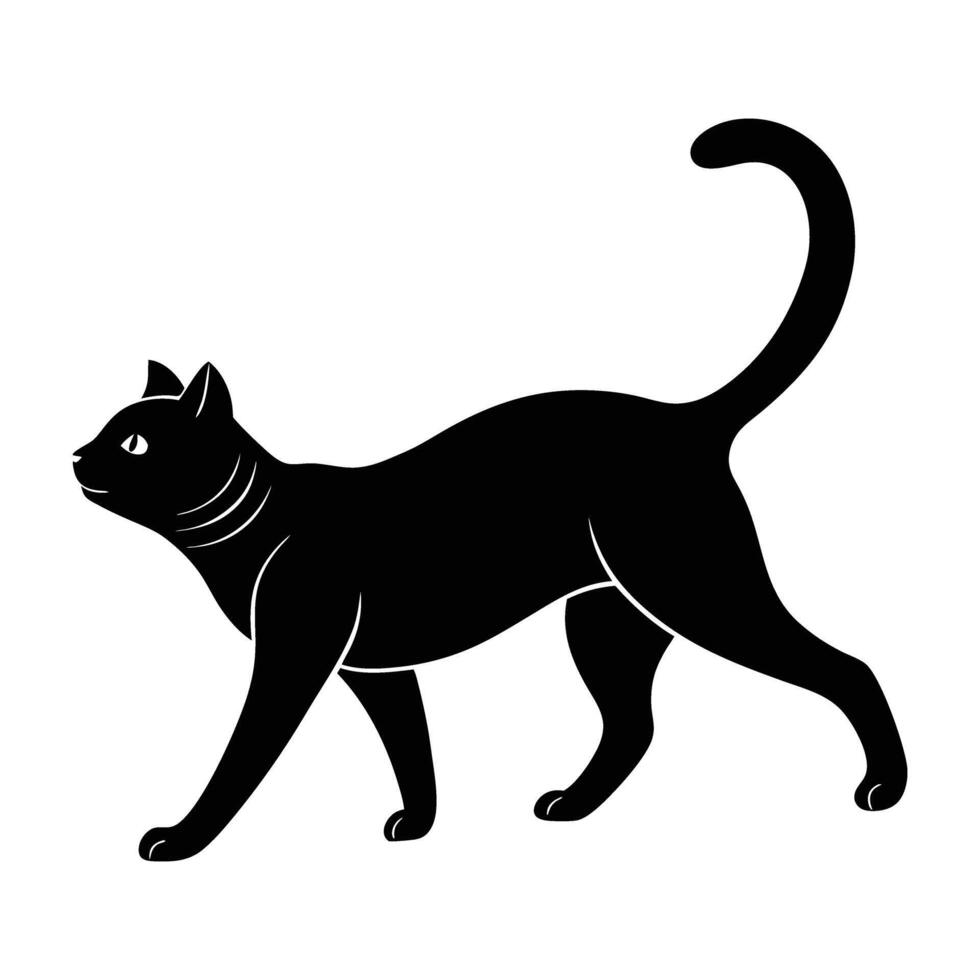 Elegant cat advancing with a smooth elongated stride in isolated line art silhouette display vector