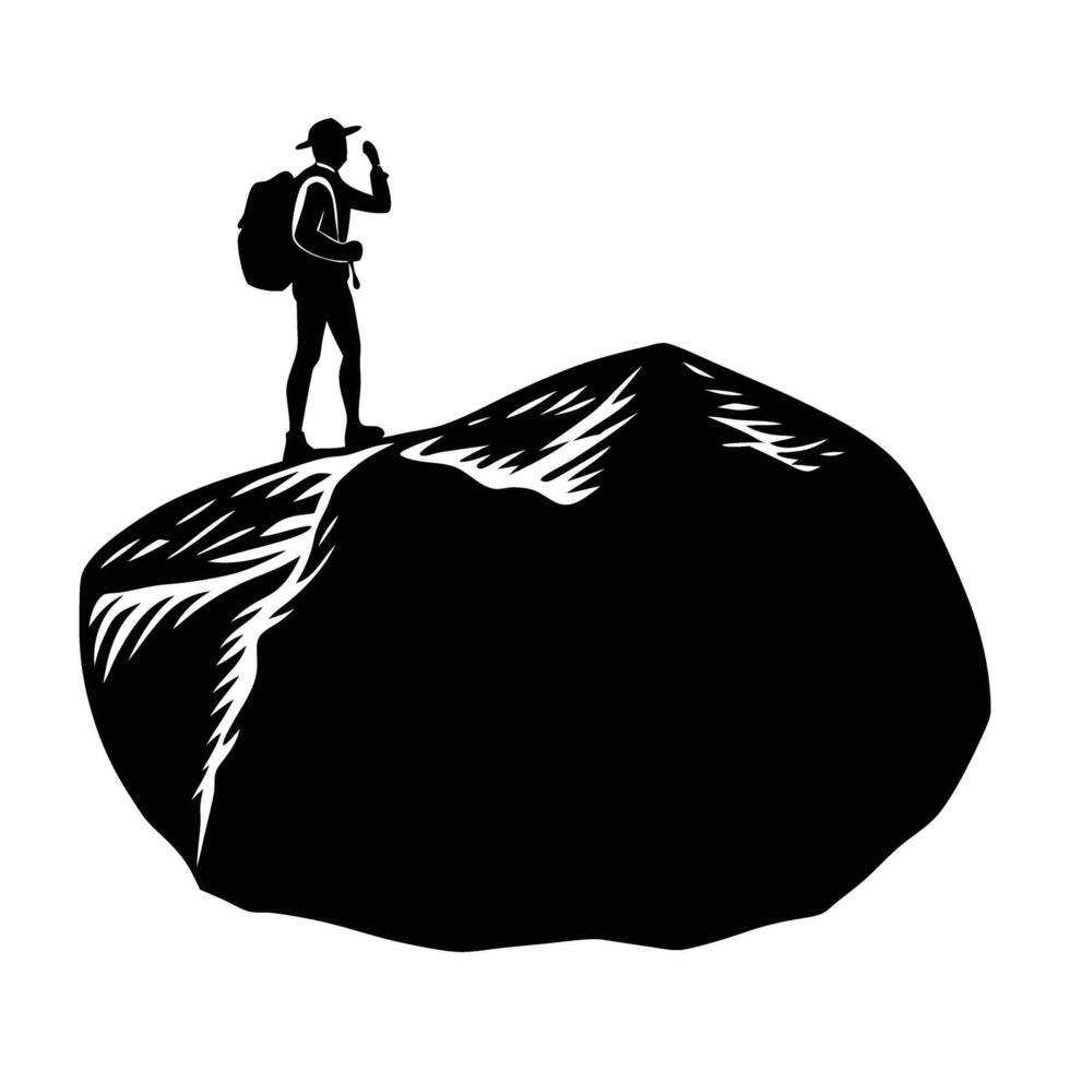 A thoughtful hiker surveying a vast landscape from a large boulder silhouette vector