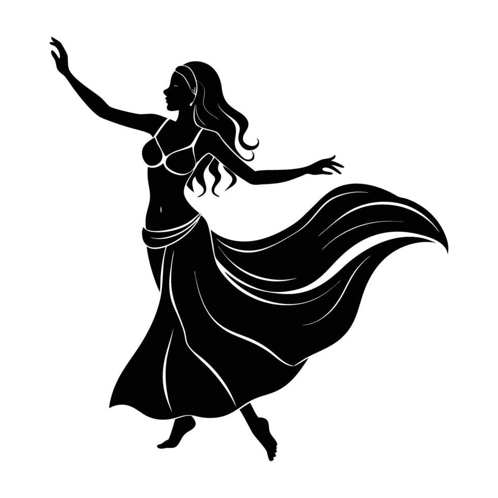 Vibrant belly dancer gracefully moving hips in fluid motion silhouette vector