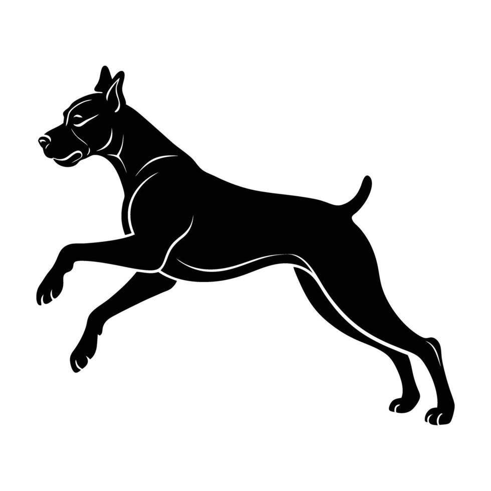 Vibrant boxer dog soaring mid-air with powerful legs in isolated line art silhouette display vector