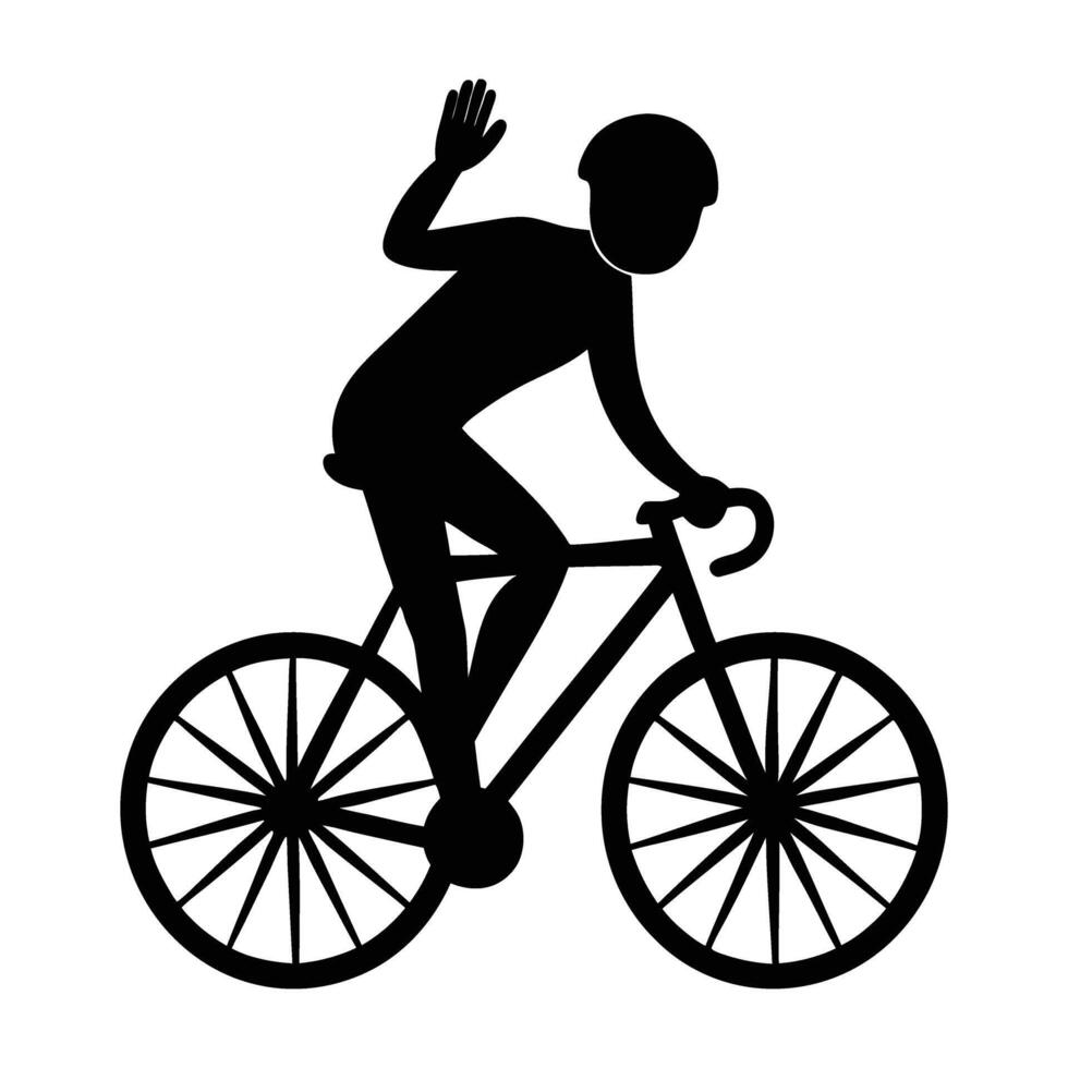 Casual black cyclist waving while riding with relaxed style in silhouette vector
