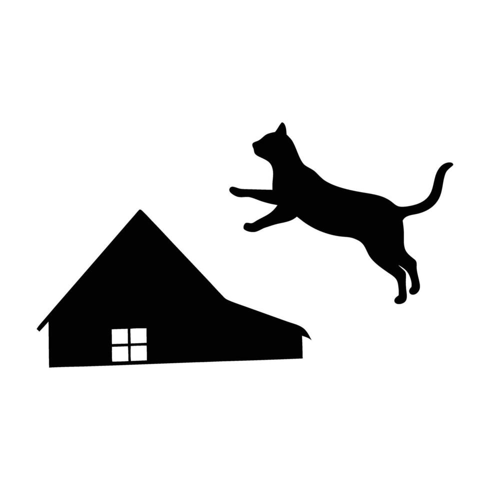 Playful silhouette of a barn cat leaping to catch something mid air on white background vector