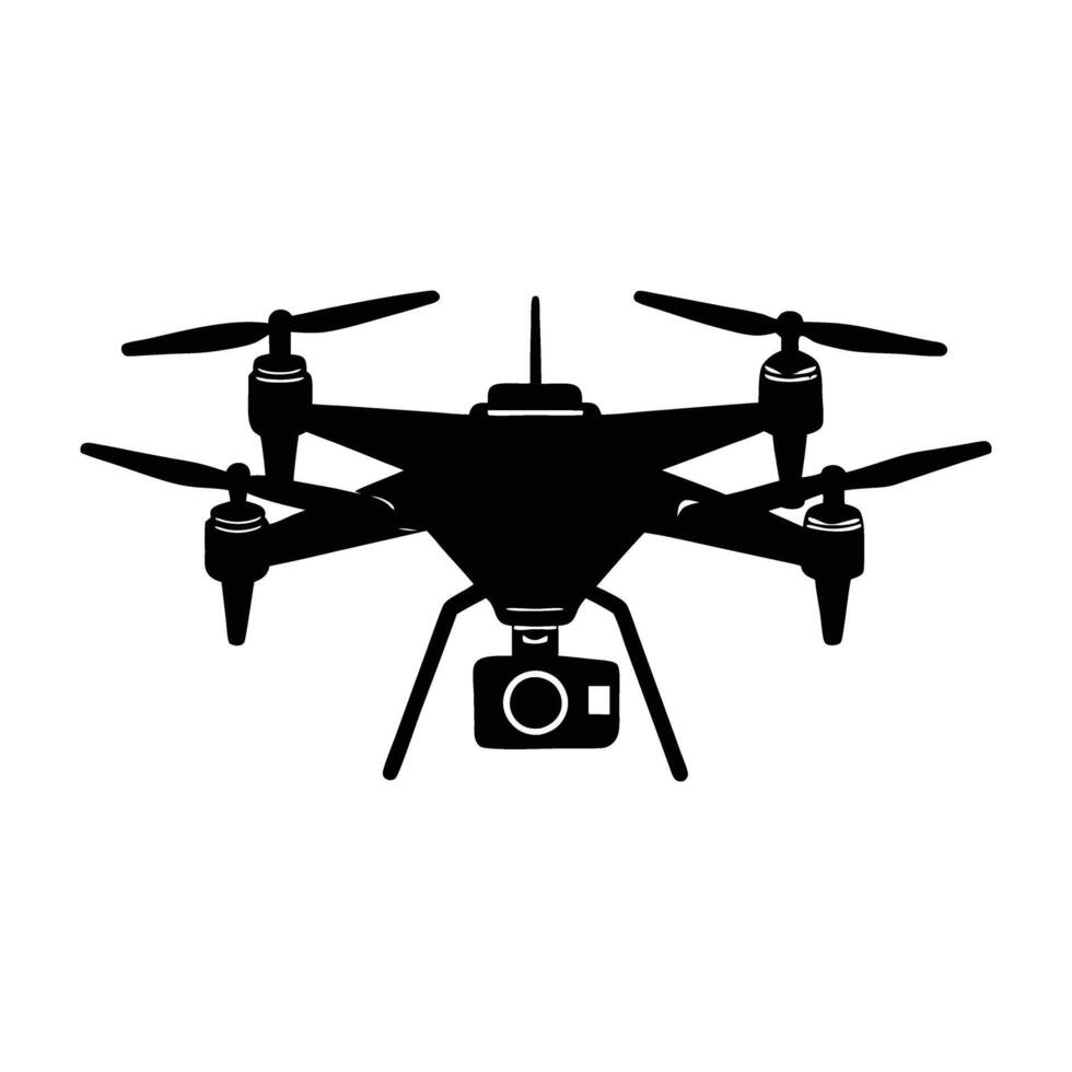 Innovative drone featuring four propellers and camera lens in isolated silhouette design vector