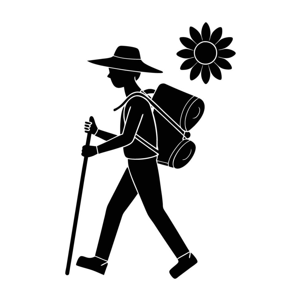 A cheerful hiker carrying a small backpack and wearing a sun hat silhouette vector