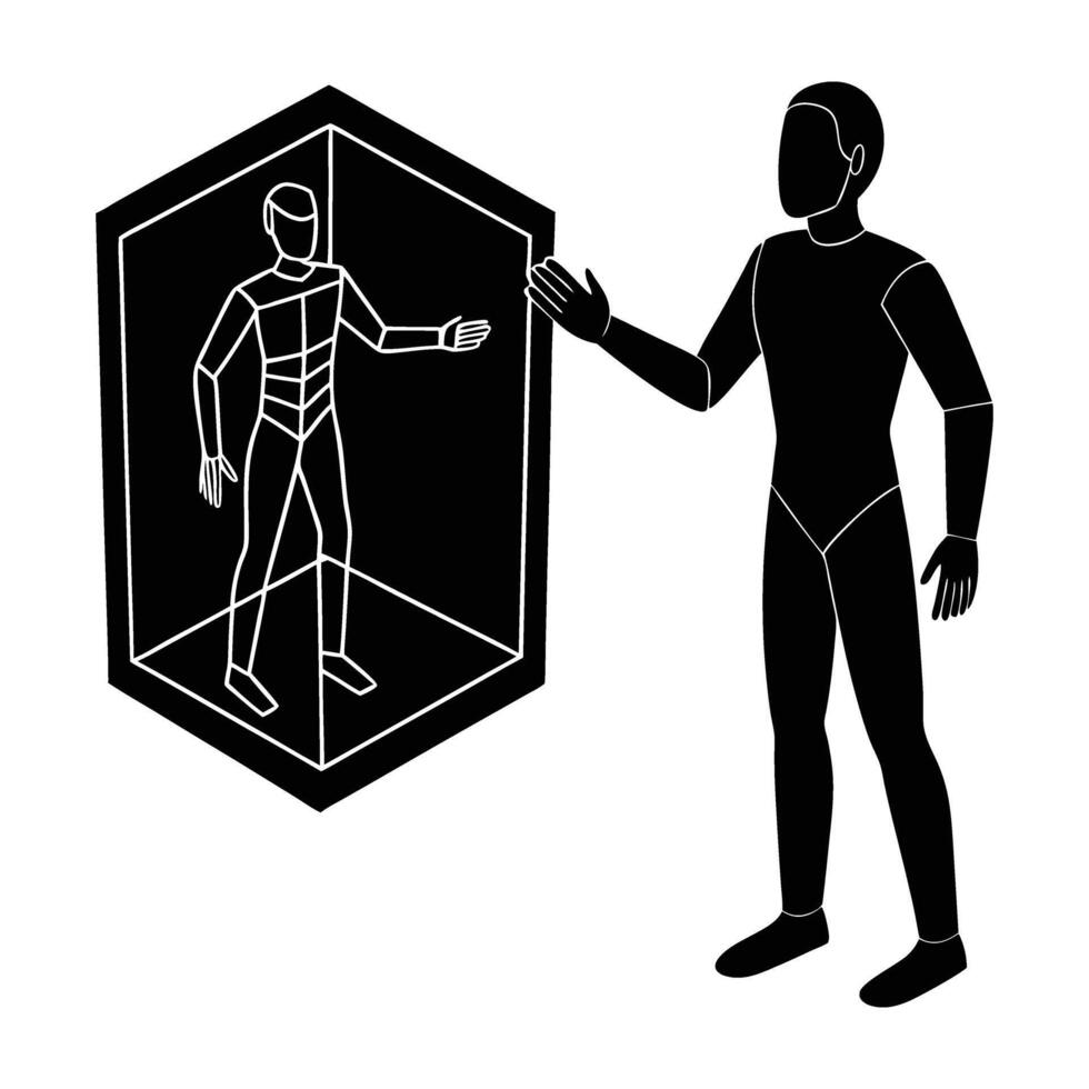 A thoughtful human engaging with an AI hologram in a refined silhouette vector