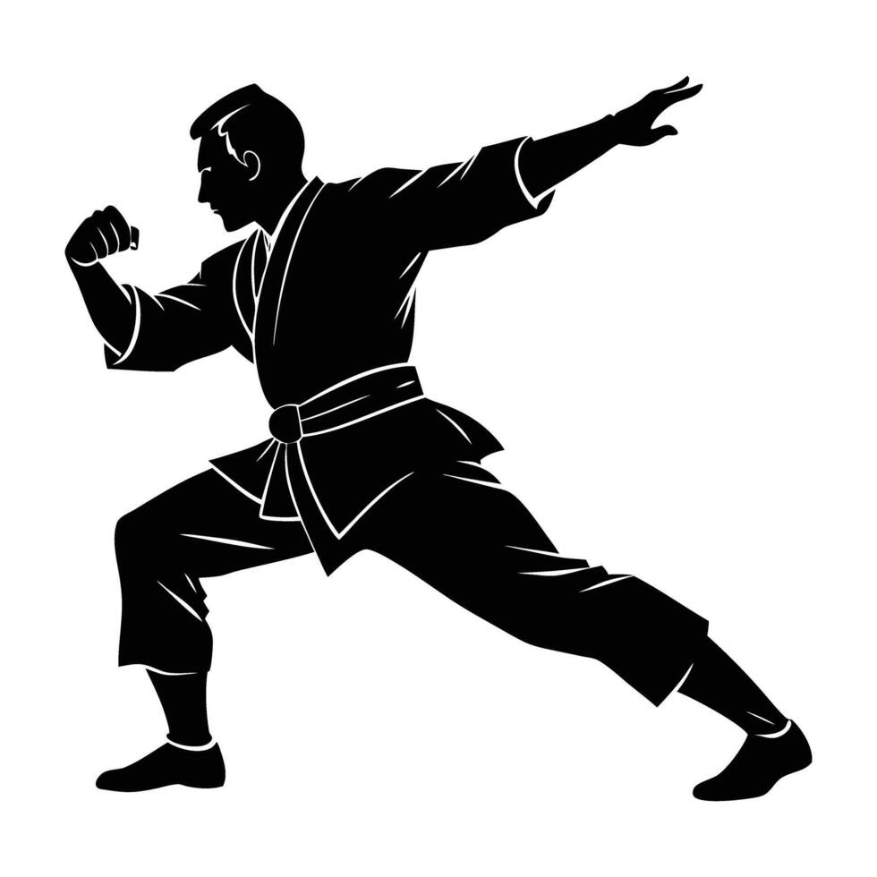 Skilled martial artist performing a swift move in a dynamic silhouette display vector