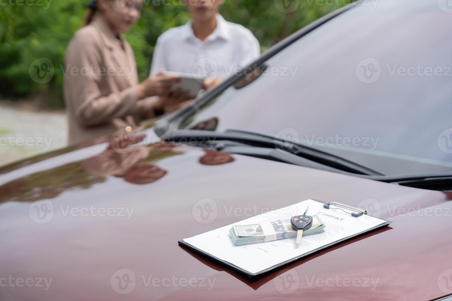 lease rental car, sell, buy.seller explain contract for new owner to sign. Sales, loan credit financial, rent vehicle, insurance, renting, Seller, dealer, installment, car care business. photo