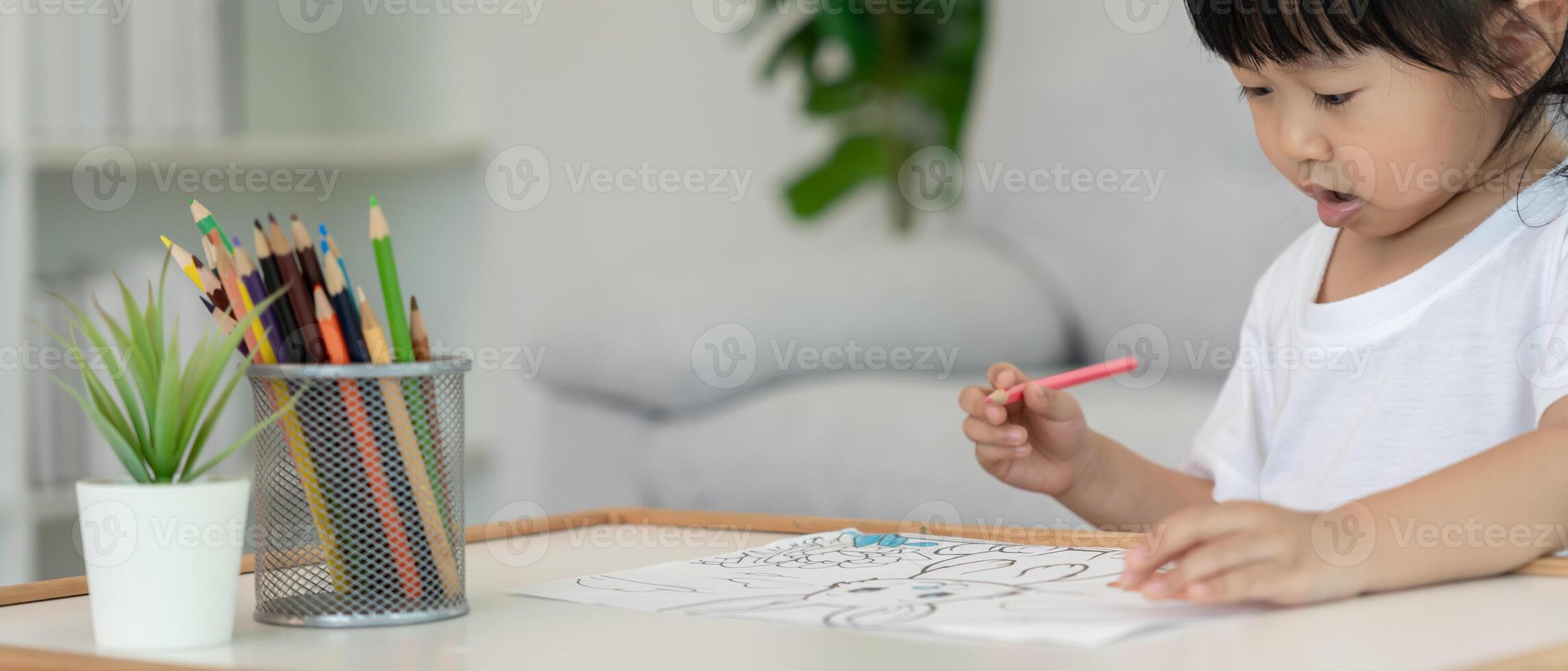 Asia children learning and enjoy paint. family is happy and excited in the house. Mother and daughter having fun spending time together. Holiday, Activity, Executive Function, IQ, EQ photo