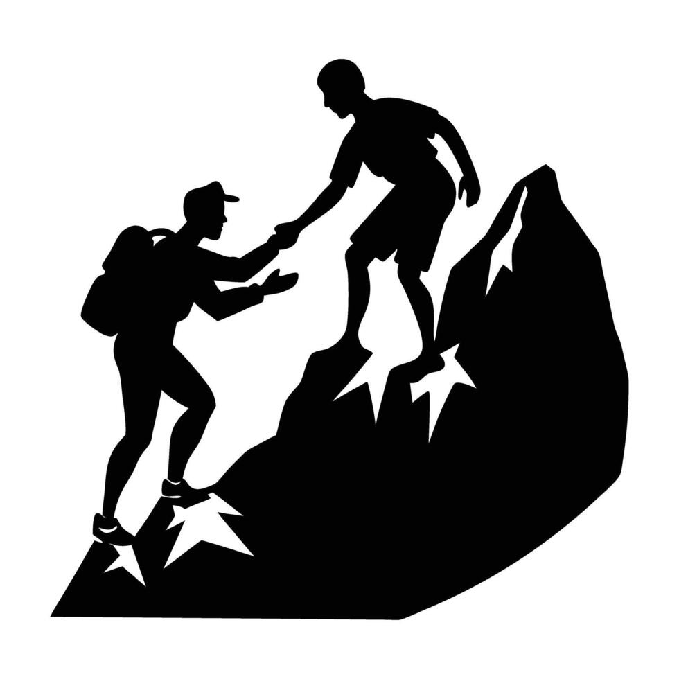 A supportive hiker aiding a partner to ascend a steep rock silhouette vector