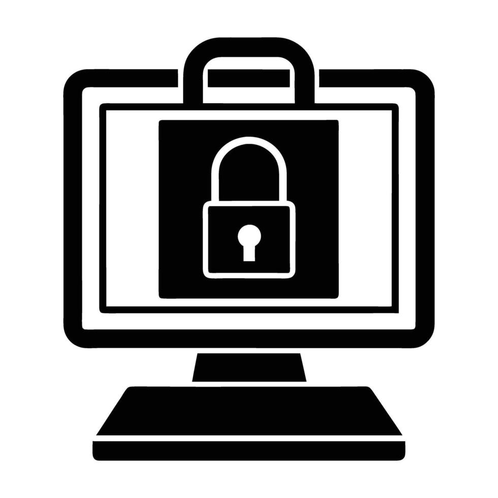 Secure computer with a padlock icon represented in a minimalist flat silhouette design vector