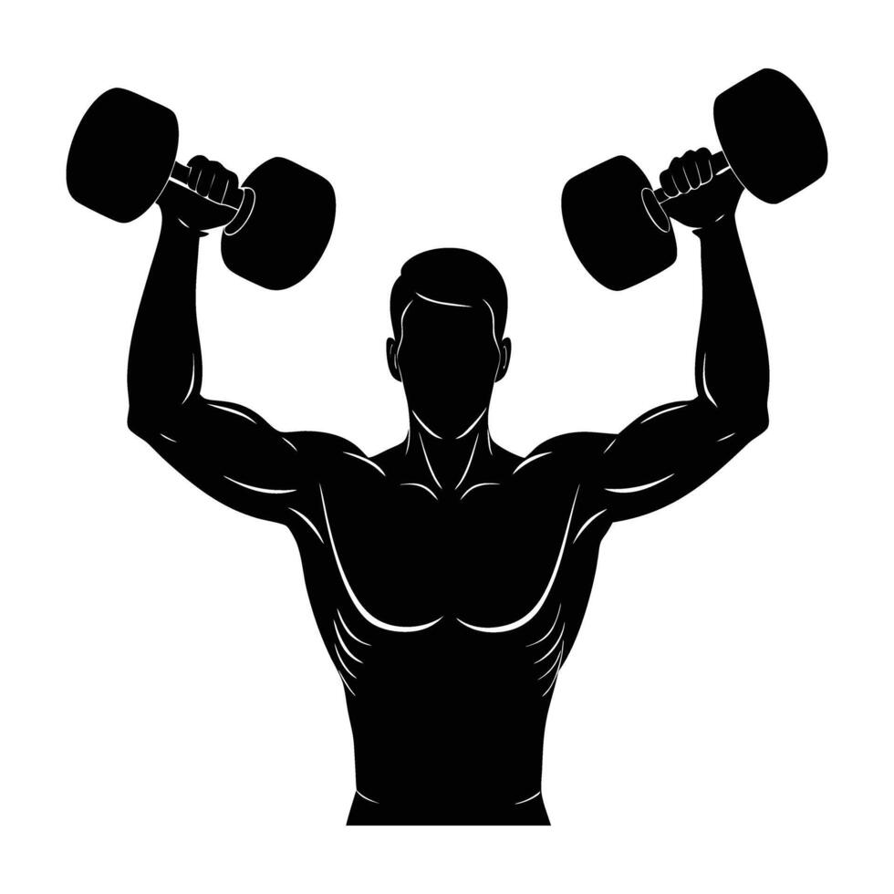 Man executes a dumbbell shoulder press with clear precision and steady focus vector