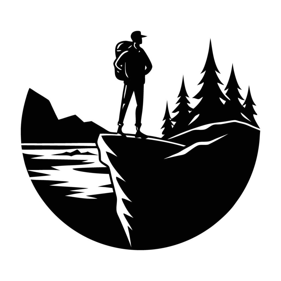 A determined hiker perched on a cliff edge gazing at the horizon silhouette vector