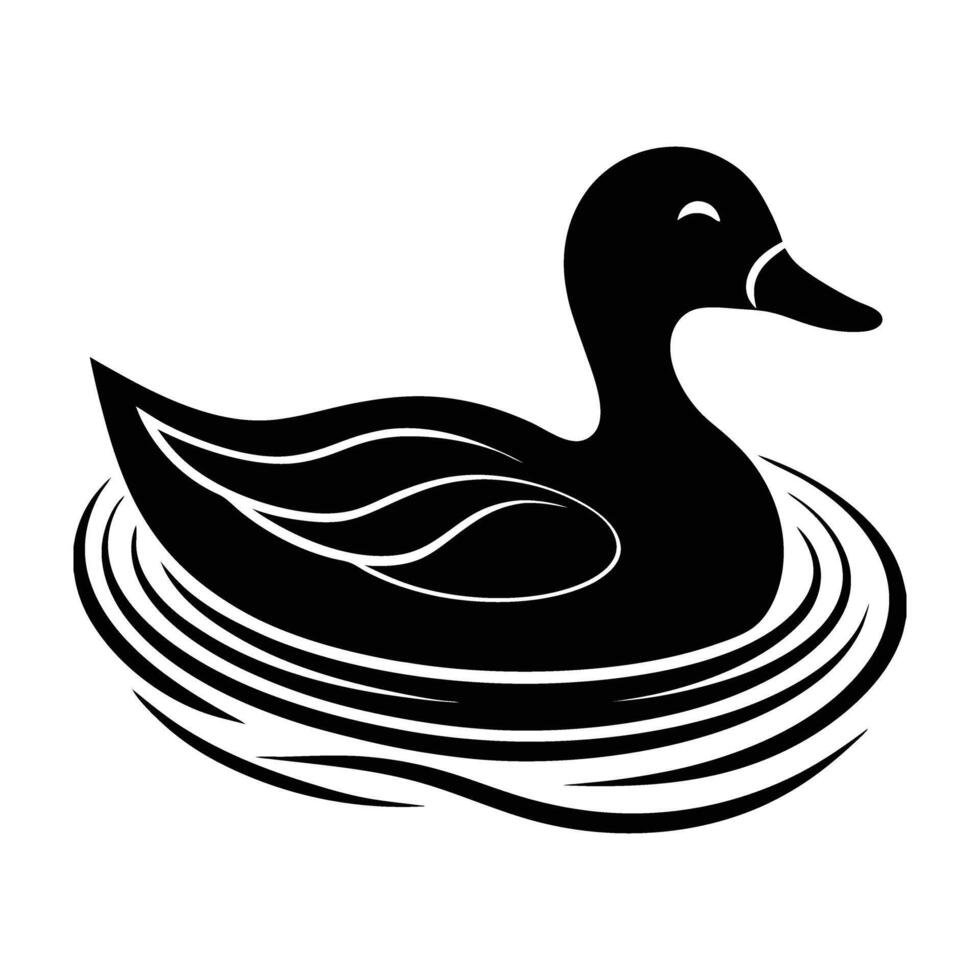 Graceful duck swimming with ripples forming around its body in isolated silhouette design vector
