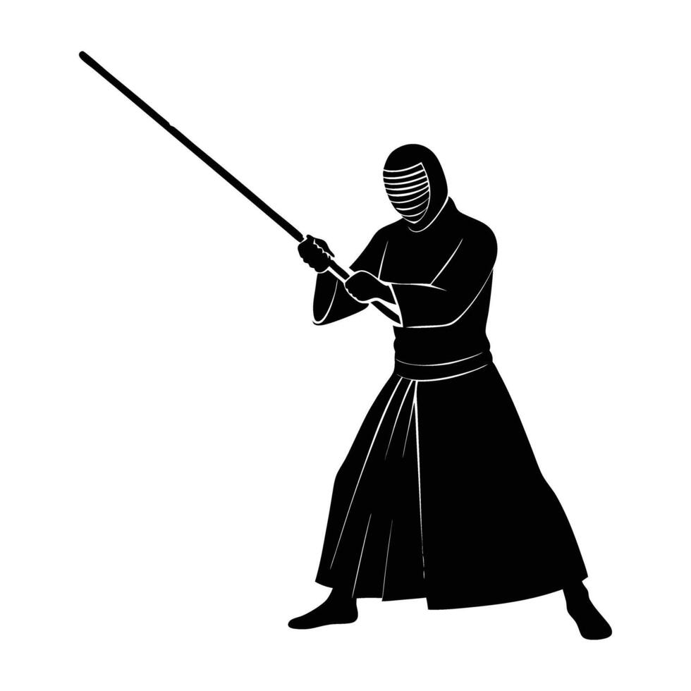 Skilled kendo practitioner holding a bamboo sword in a focused silhouette stance vector