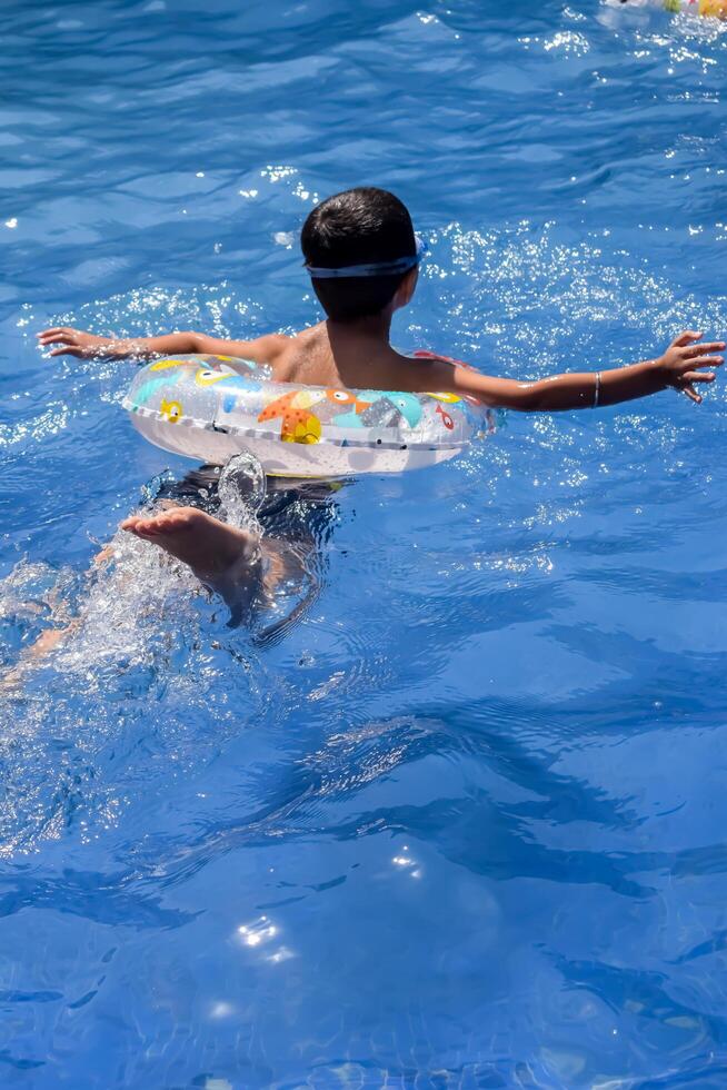 A boy floating in a pool photo