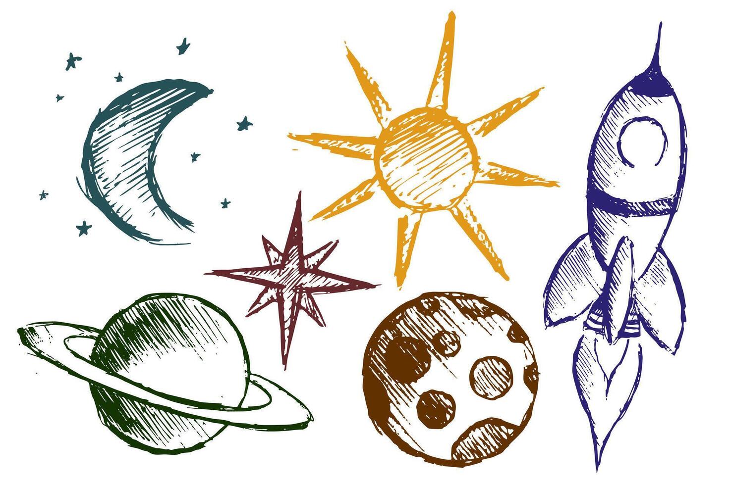 Space objects with rocket. vector