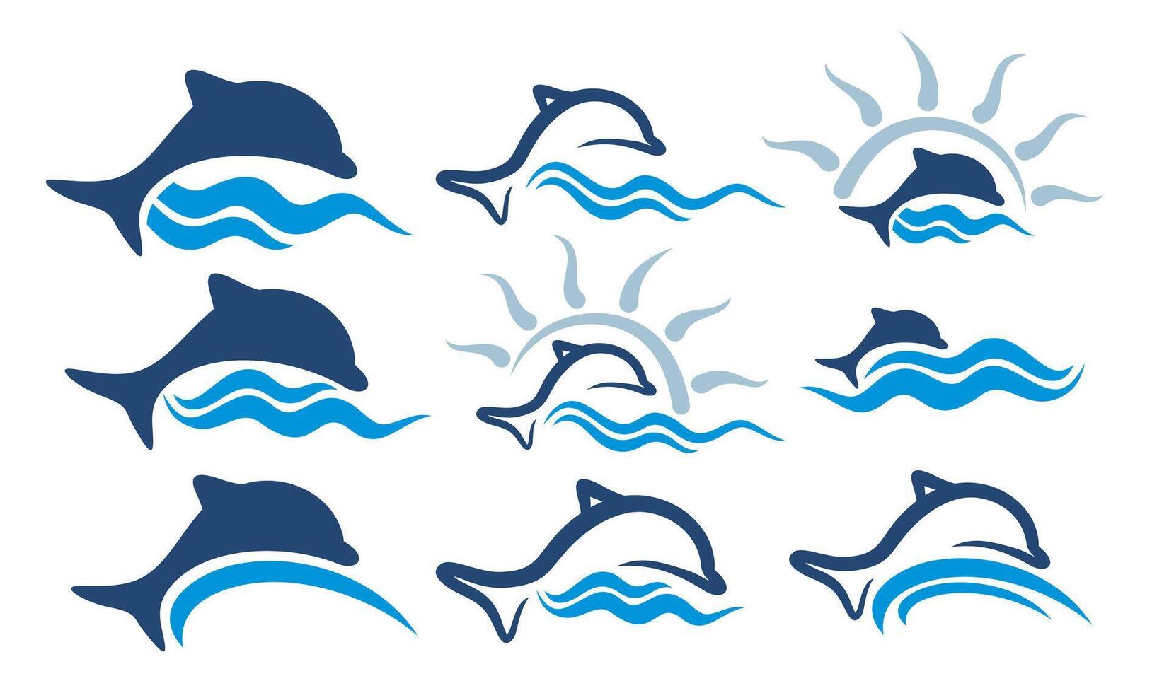 A set of logos with a blue wave and dolphins. vector