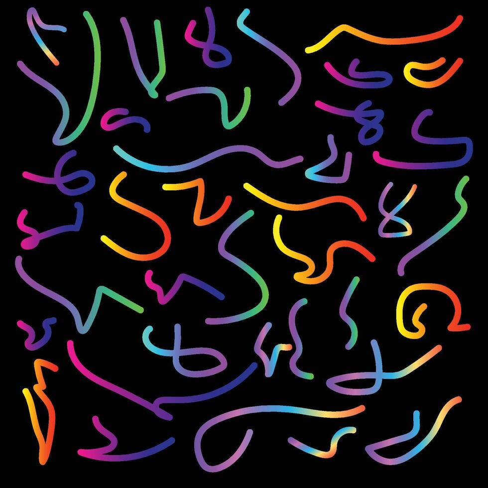 Set of Abstract Pattern of 3D Wavy Lines with Color Gradient on a Black Background. vector