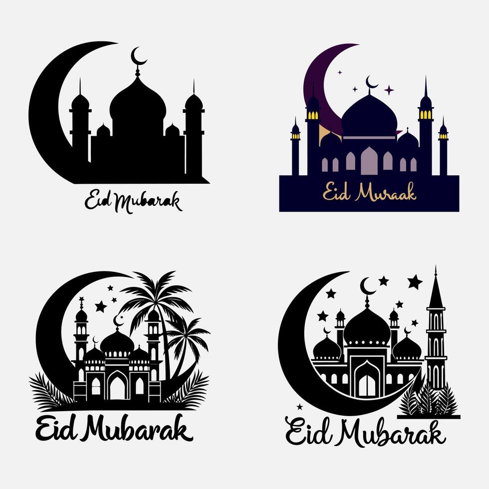 Silhouette of Mosque with Crescent Moon in Background vector