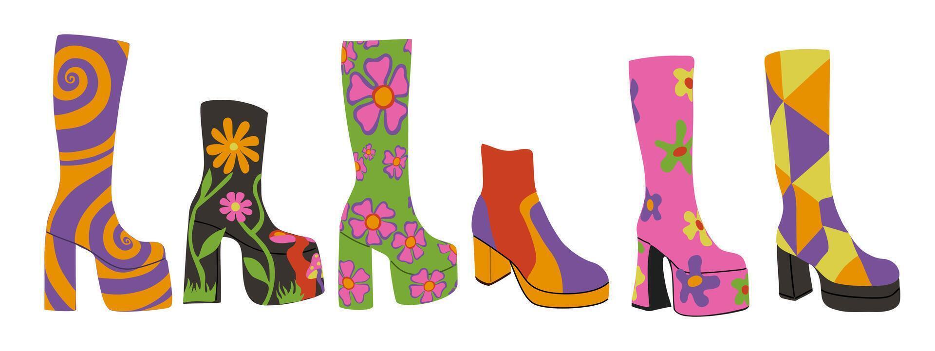 set of retro 70s platform boots vector