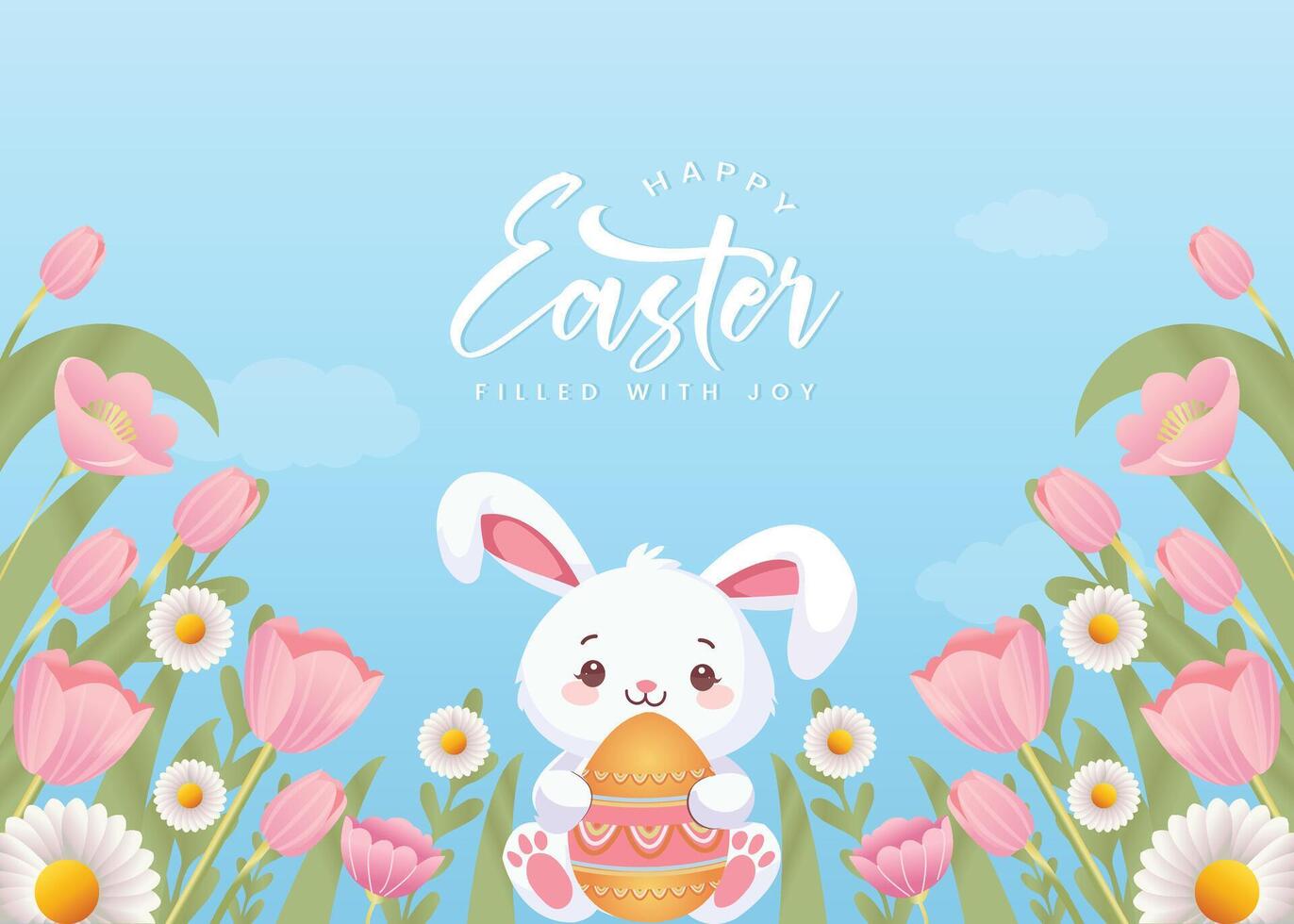 Happy Easter Day. A typography post featuring a cute bunny, eggs, and a pastel spring background. perfect flat illustration template for social media, greeting cards, and web ads. vector