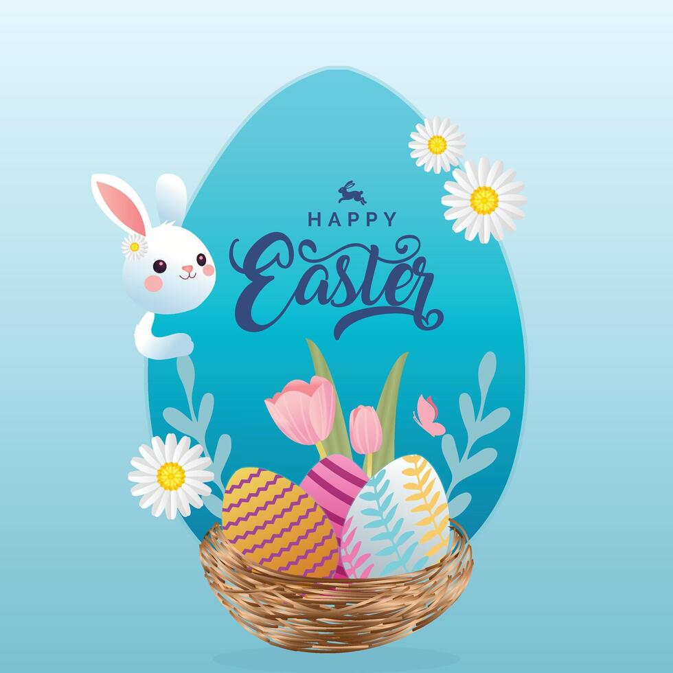 Easter poster and banner template featuring a white rabbit inside an Easter egg on a light blue background. Perfect for greetings, gifts, promotions, and shopping in a flat lay style. vector