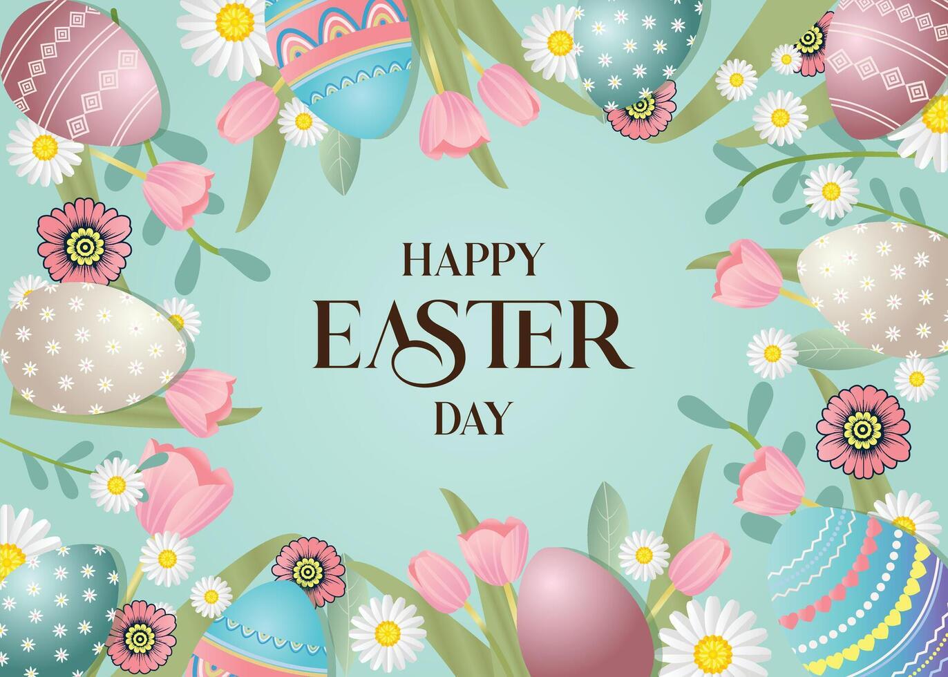 Easter poster and banner template with eggs in a nest on a light green background. Perfect for greetings, gifts, promotions, and shopping on Easter Day vector