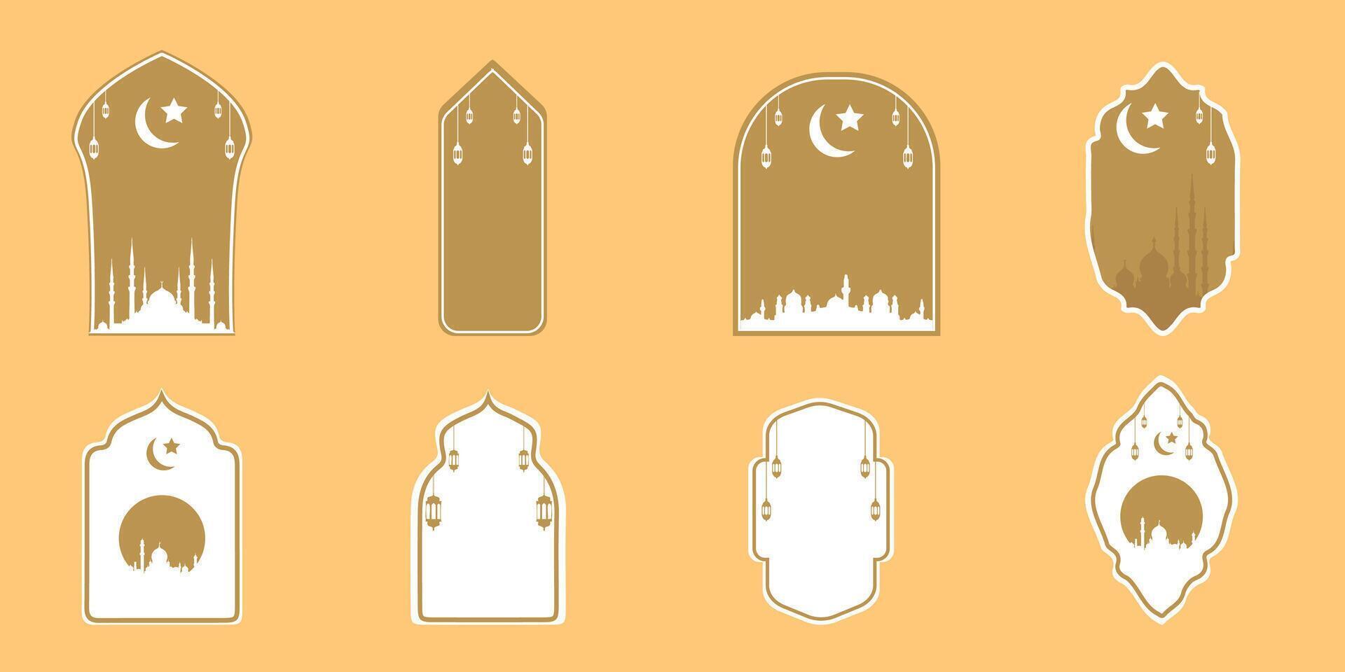 Islamic style window set with typical geometric elements, arabesque motifs, and arches and lanterns, crescent moon. elegant. Suitable for greeting card design, social media or Ramadan banner vector
