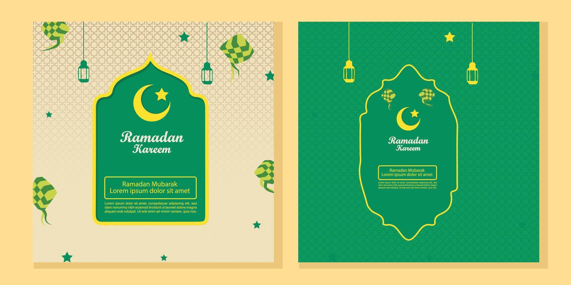 Ramadan template with mosque window, glowing lanterns, and ketupat. Ideal for Instagram stories, social media feeds, digital greeting cards, or Islamic prints. vector