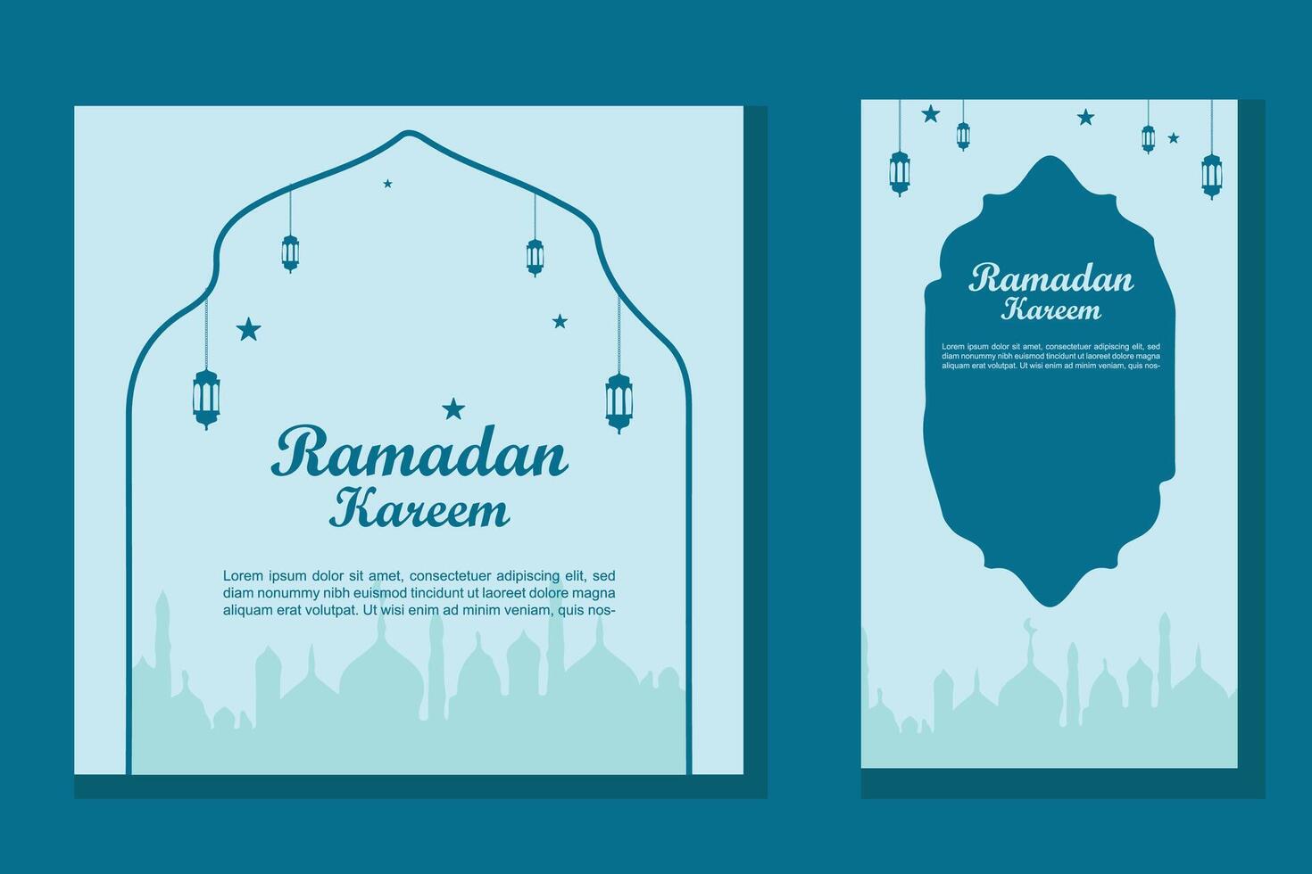 Minimalist Ramadan with Islamic mosque window, lantern flat, and mosque silhouette in soft blue color. Great for social media, greeting cards, and Ramadan templates. vector