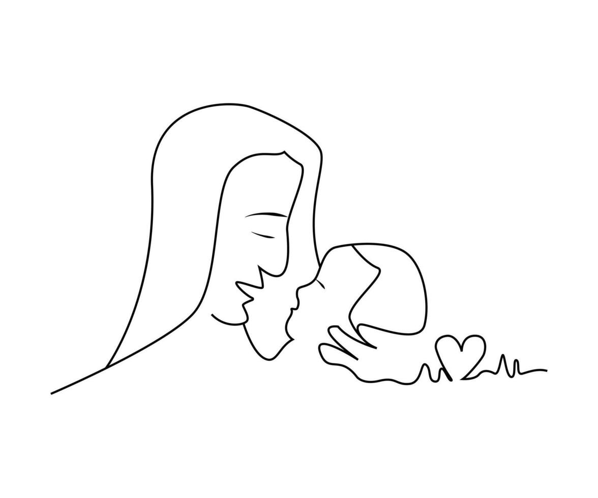 Happy mothers day. Woman hold her baby. Continuous line art hand drawing. vector