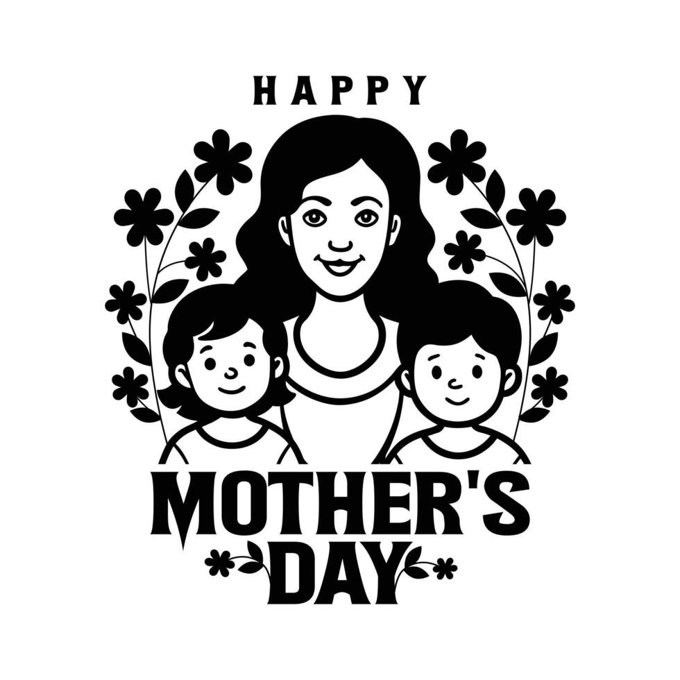Mothers Day Greeting Card Design Elegant Line Art of Mom and Baby with Flowers vector