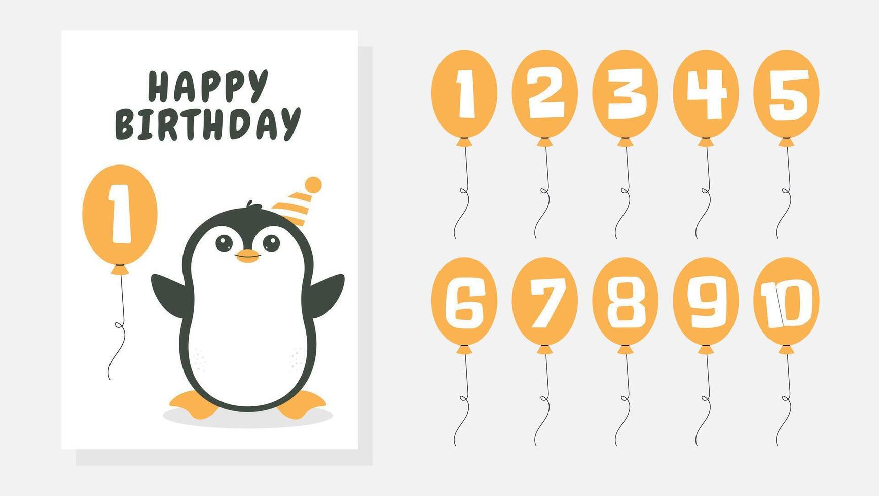 Greeting and invitation card for kids Happy Birthday. Cute penguin and balloon with number in flat childrens style. illustration collection, design for card, poster, event, prints vector