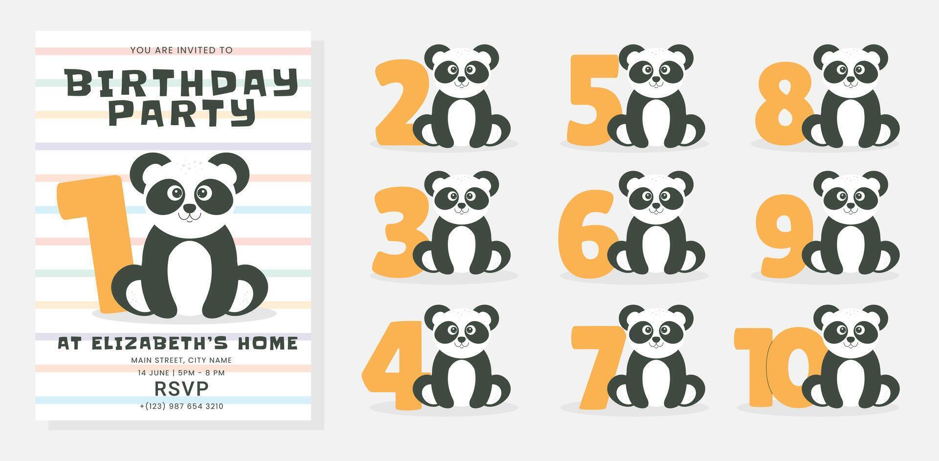Greeting and invitation card for kids Birthday party. Cute baby panda and numbers in flat childrens style. illustration, design for card, poster, event vector