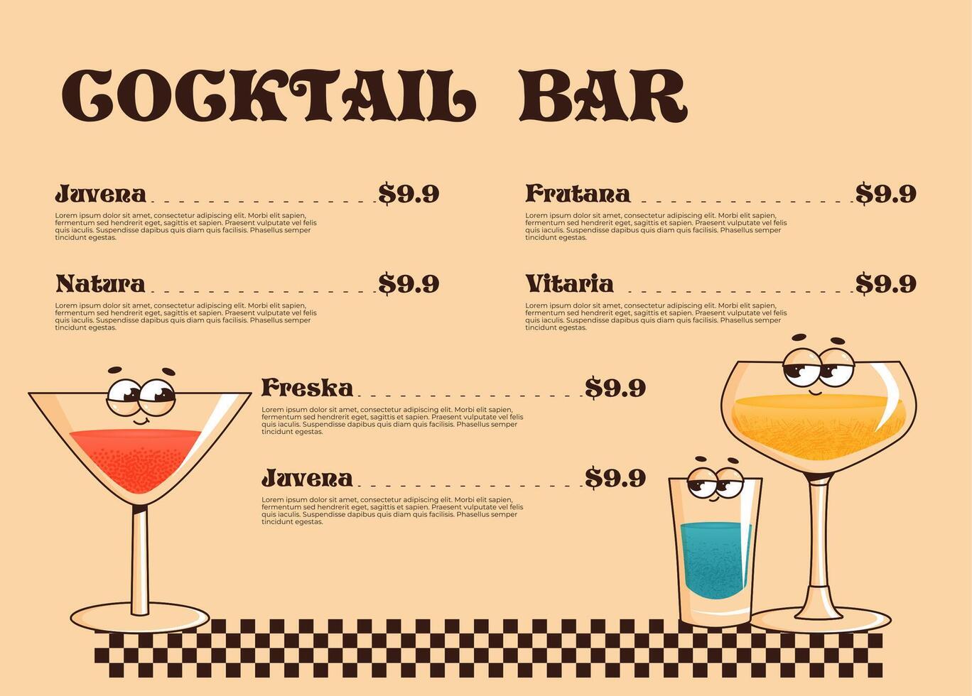 Retro groovy character summer drinks. Cocktail bar menu with cute beverage in glasses. illustration for pub, cafe, club, restaurant vector