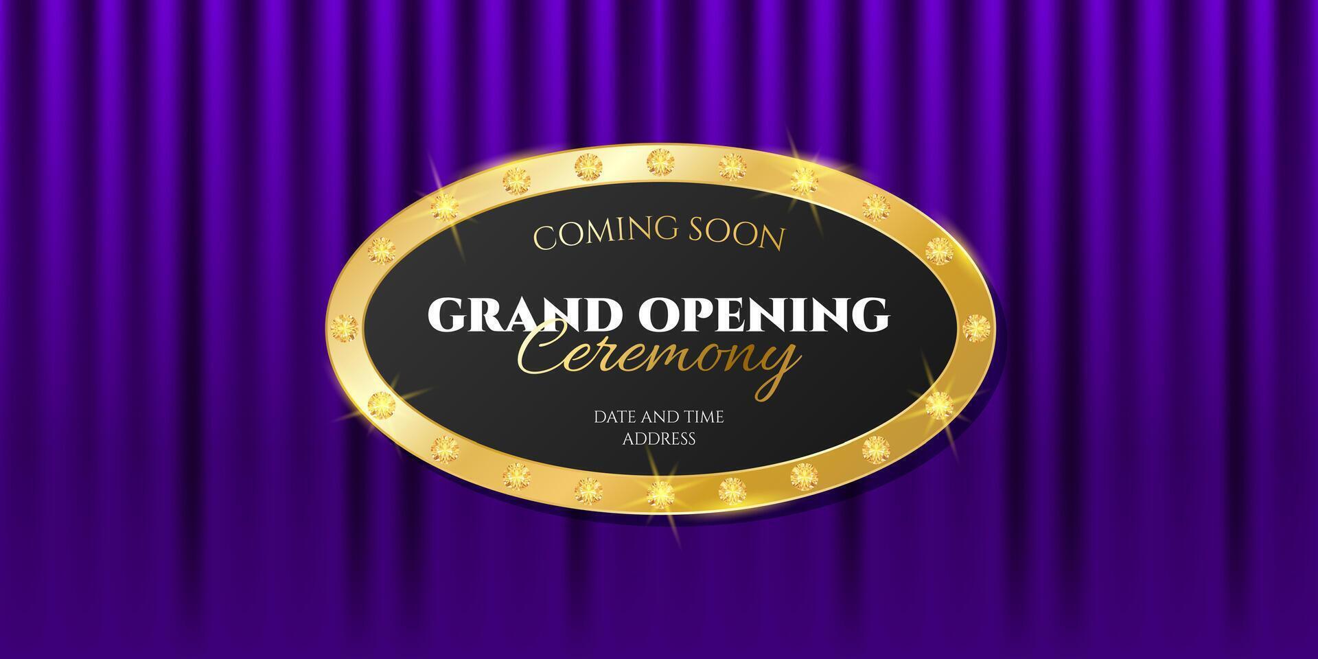 Grand Opening banner design background. Violet draped curtain, golden text and frame. Elegant illustration for your business vector