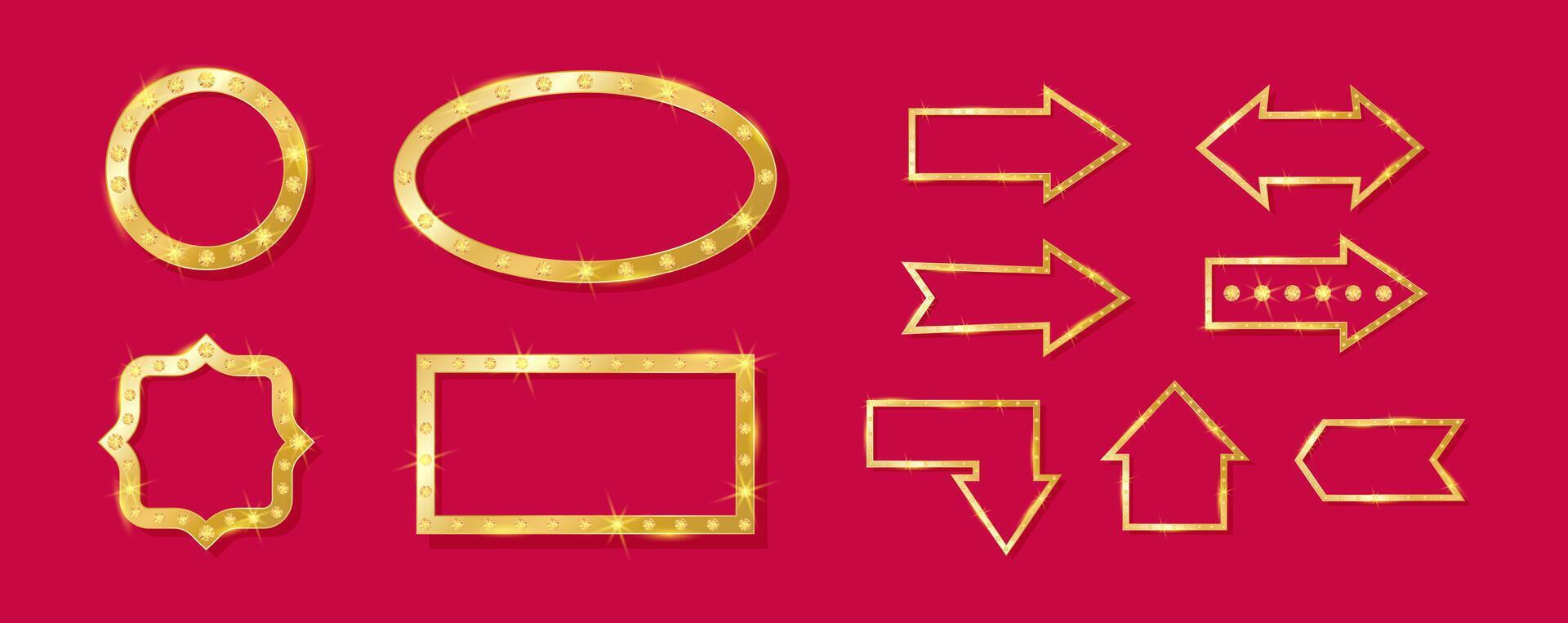 Set retro frame and arrow with empty copy space. Golden shiny and glitter colors. illustration for casino, circus, cinema, movie, theater and other vector