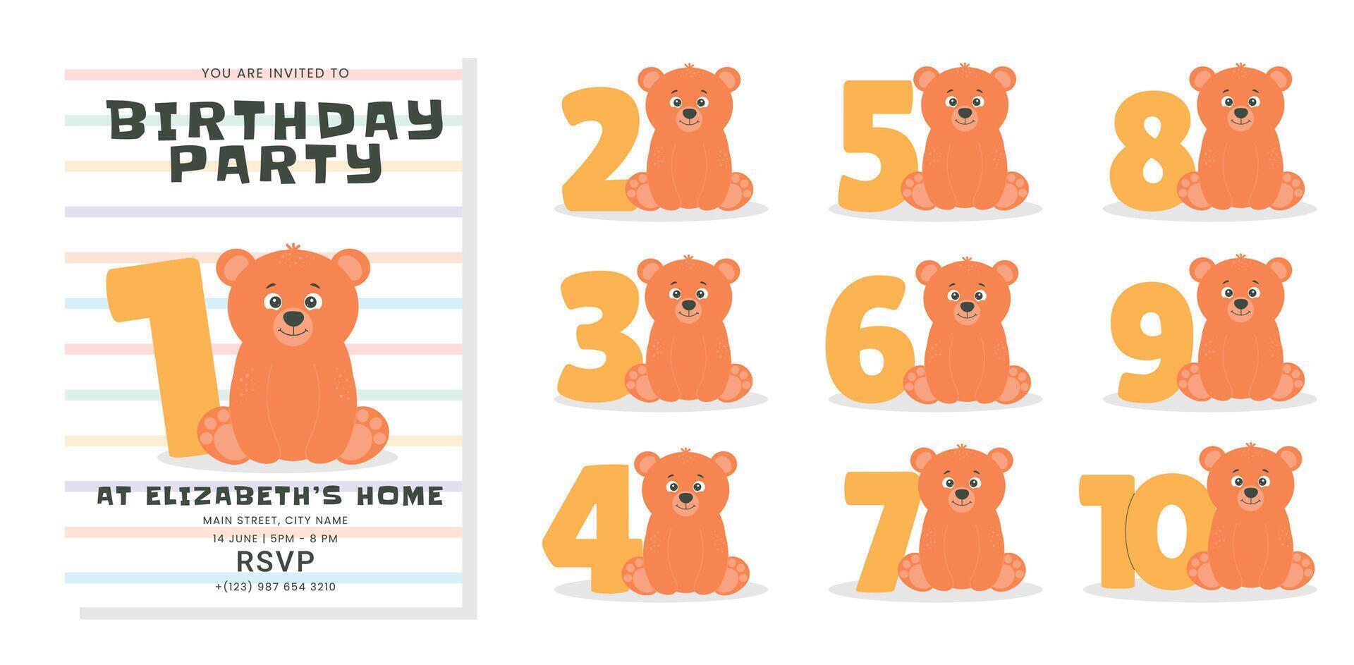 Greeting and invitation card for kids Birthday party. Cute baby bear and numbers in flat childrens style. illustration, design for card, poster, banner vector