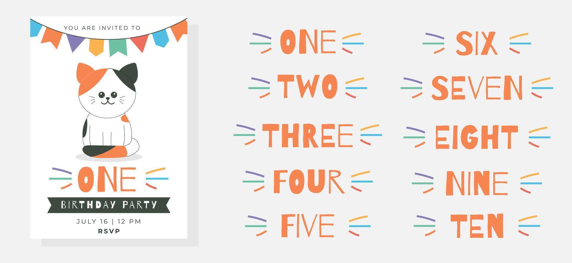Greeting and invitation card for kids Birthday party. Cute baby cat and set text number in flat childrens style. illustration, design for card, poster, banner vector