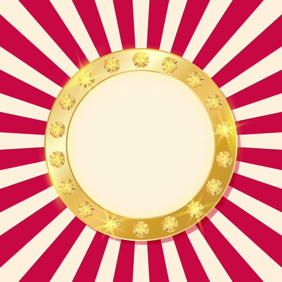 Round golden frame on retro circus background with empty copy space. illustration for casino, amusement park, carnival, funfair and other events and performance vector